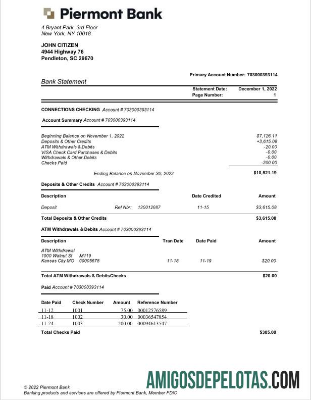 em branco EUA Nova York Piermont modelo de extrato bancário Word e PDF